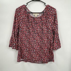 Michael Michael Kors Medium‎ Blouse Womens Red Floral Bell Sleeve Scoop Neck Top